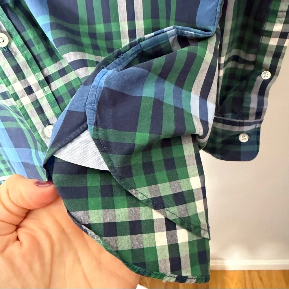 J. Crew Plaid Button Up Long Sleeve Slim Cotton Blue Green Size Medium *12